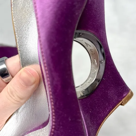 CASADEI Silk Satin Engraved Logo Metal Ring Cutout Wedge Heel Pumps Vintage 6.5