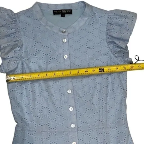 Central Park West Eyelet‎ Dress Ruffle Sleeve Button Front Light Blue S