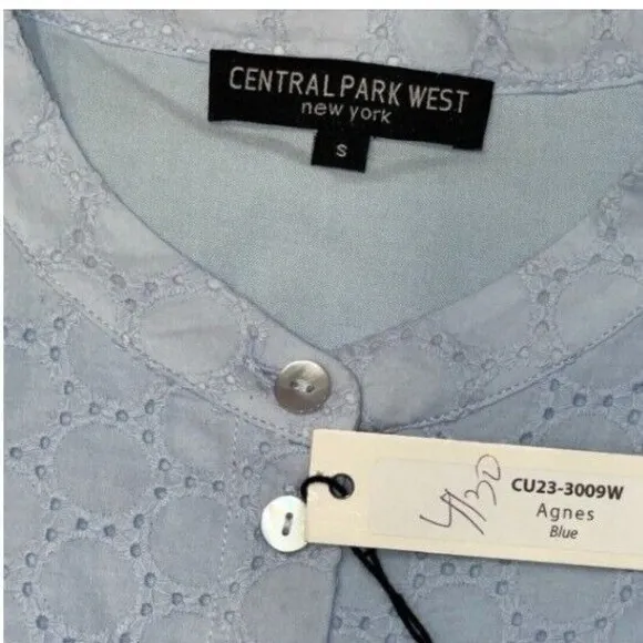 Central Park West Eyelet‎ Dress Ruffle Sleeve Button Front Light Blue S