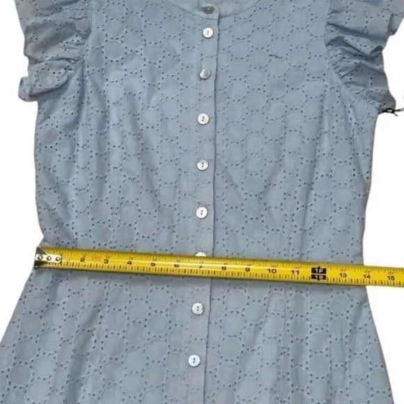 Central Park West Eyelet‎ Dress Ruffle Sleeve Button Front Light Blue S