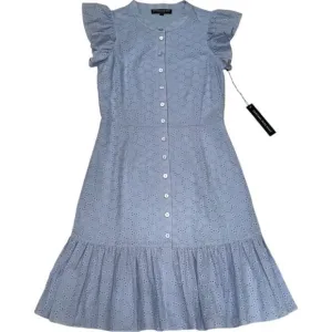 Central Park West Eyelet‎ Dress Ruffle Sleeve Button Front Light Blue S