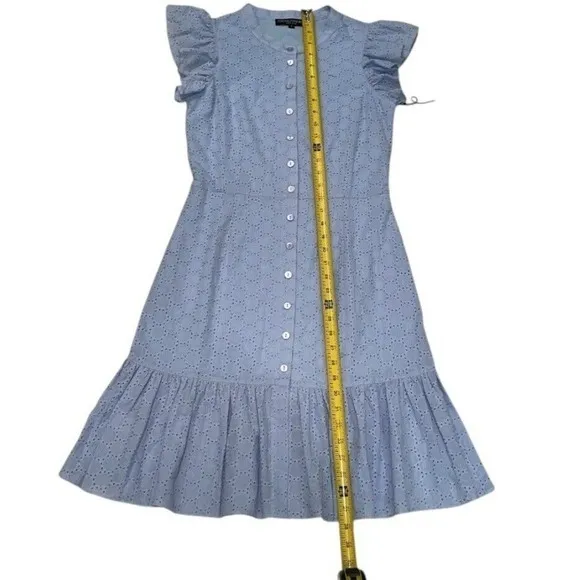 Central Park West Eyelet‎ Dress Ruffle Sleeve Button Front Light Blue S
