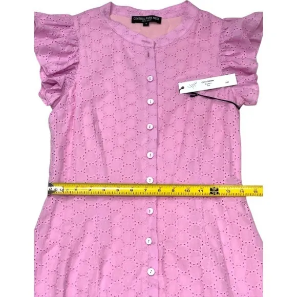 Central Park West Eyelet Dress Ruffle‎ Sleeve Button Front Pink S