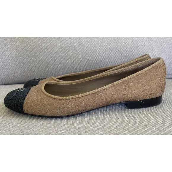 Chanel Italy Glitter Cap Toe Ballet Shoes Women’s Beige Black toe Sz 8, 38.5