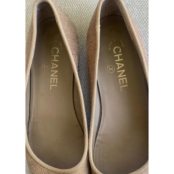 Chanel Italy Glitter Cap Toe Ballet Shoes Women’s Beige Black toe Sz 8, 38.5