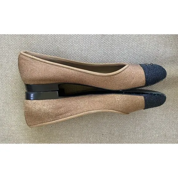 Chanel Italy Glitter Cap Toe Ballet Shoes Women’s Beige Black toe Sz 8, 38.5