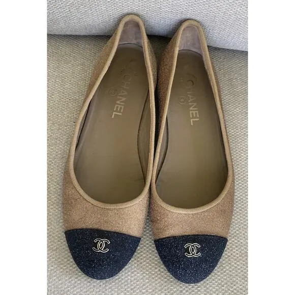 Chanel Italy Glitter Cap Toe Ballet Shoes Women’s Beige Black toe Sz 8, 38.5