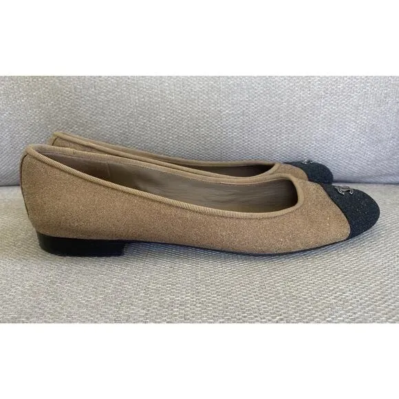 Chanel Italy Glitter Cap Toe Ballet Shoes Women’s Beige Black toe Sz 8, 38.5