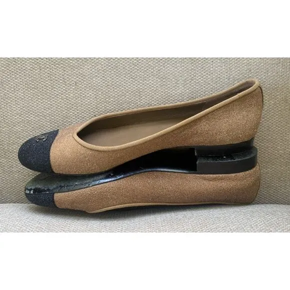 Chanel Italy Glitter Cap Toe Ballet Shoes Women’s Beige Black toe Sz 8, 38.5