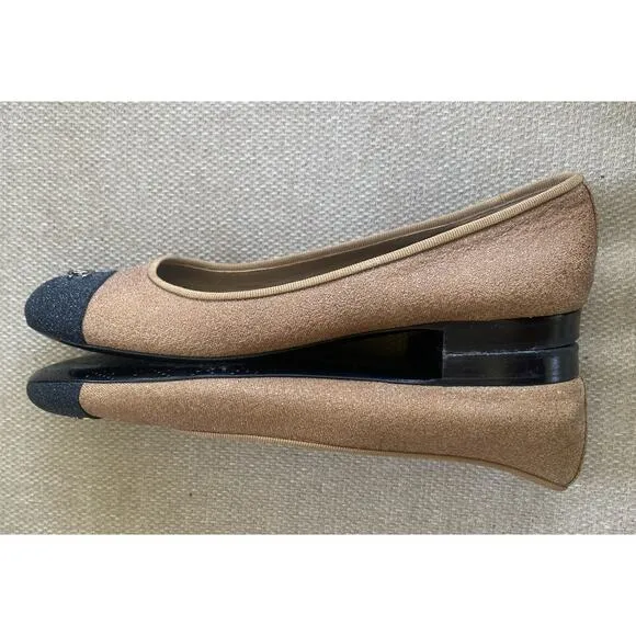Chanel Italy Glitter Cap Toe Ballet Shoes Women’s Beige Black toe Sz 8, 38.5