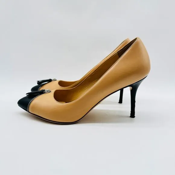 Charlotte Olympia Shoes Womens 38.5 Black Nude Heels Zipper Stiletto Cap Toe