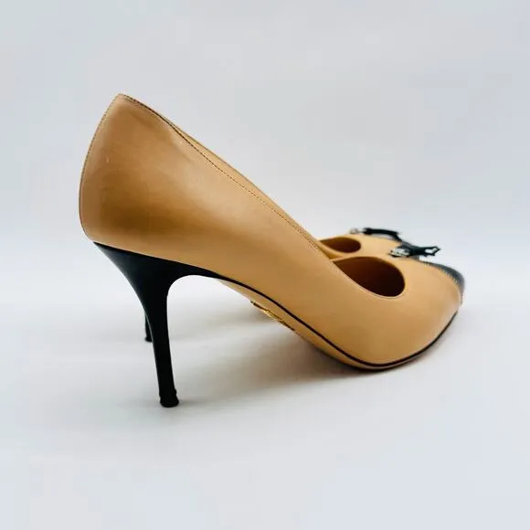 Charlotte Olympia Shoes Womens 38.5 Black Nude Heels Zipper Stiletto Cap Toe