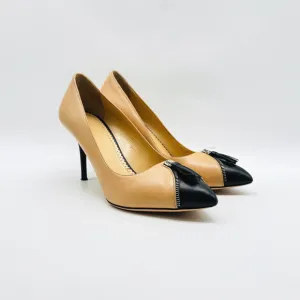 Charlotte Olympia Shoes Womens 38.5 Black Nude Heels Zipper Stiletto Cap Toe