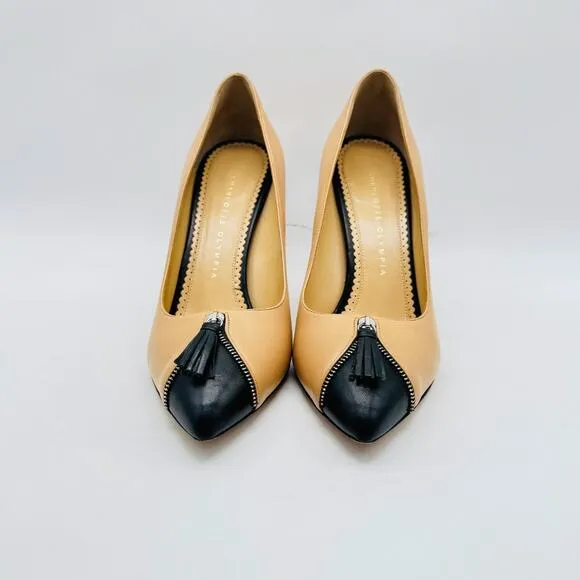 Charlotte Olympia Shoes Womens 38.5 Black Nude Heels Zipper Stiletto Cap Toe