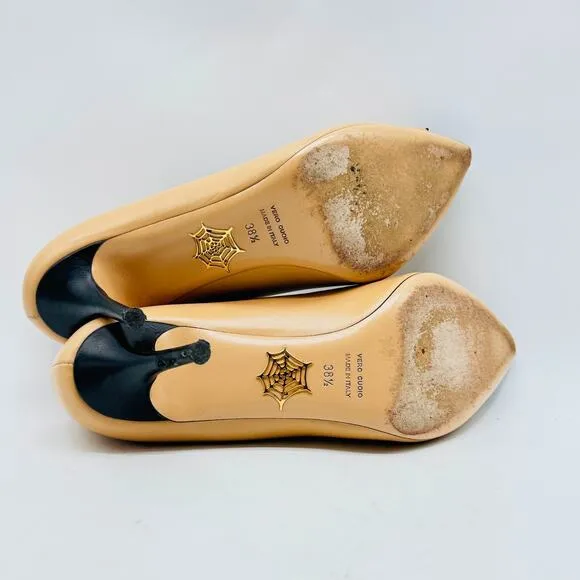 Charlotte Olympia Shoes Womens 38.5 Black Nude Heels Zipper Stiletto Cap Toe