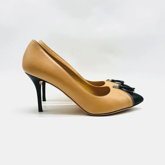Charlotte Olympia Shoes Womens 38.5 Black Nude Heels Zipper Stiletto Cap Toe