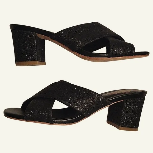 Charlotte Stone Glitter Crossover Strap Slide Sandals, Size 6, Black w/ Glitter