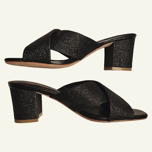 Charlotte Stone Glitter Crossover Strap Slide Sandals, Size 6, Black w/ Glitter