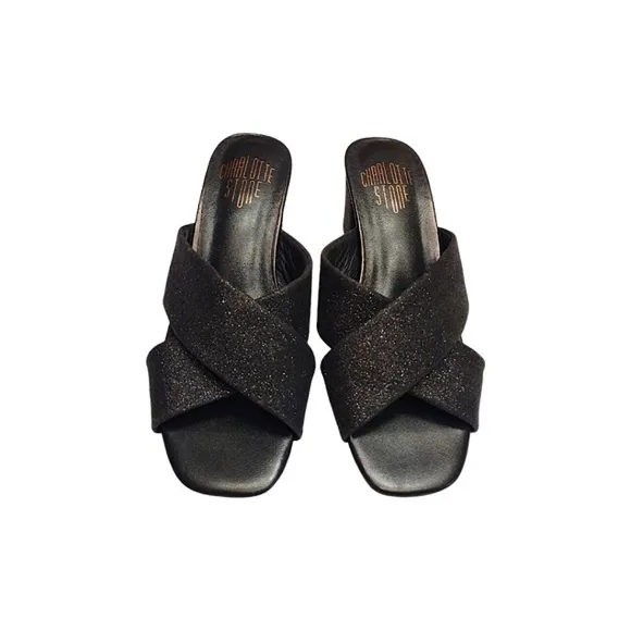 Charlotte Stone Glitter Crossover Strap Slide Sandals, Size 6, Black w/ Glitter