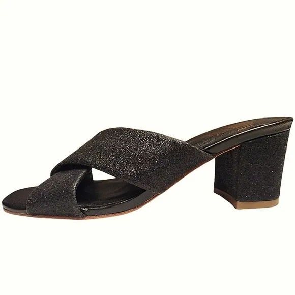 Charlotte Stone Glitter Crossover Strap Slide Sandals, Size 6, Black w/ Glitter