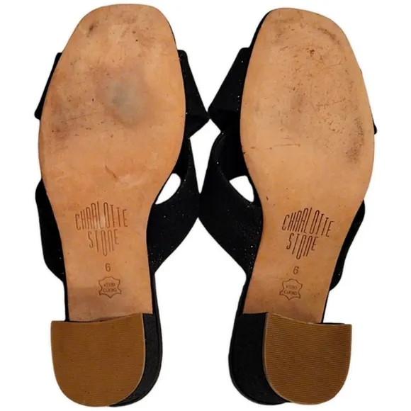Charlotte Stone Glitter Crossover Strap Slide Sandals, Size 6, Black w/ Glitter