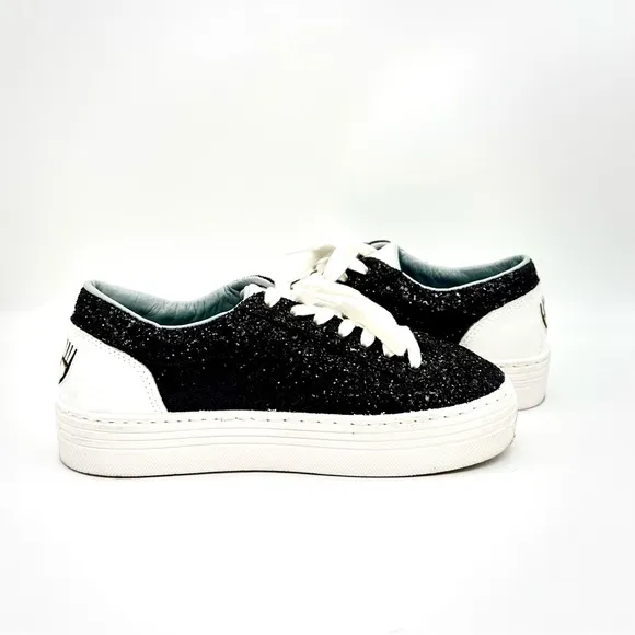 CHIARA FERRAGNI Women's Black Glitter Eye Sneakers Size 38 (US 8)
