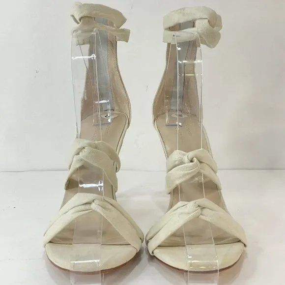 Chrissy Teigen X Revolve shoes Womens Sz 8 Cream Linen Strappy Heels Stiletto