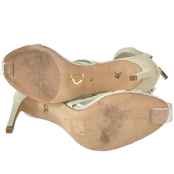 Chrissy Teigen X Revolve shoes Womens Sz 8 Cream Linen Strappy Heels Stiletto