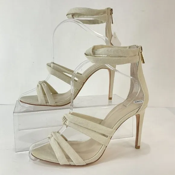 Chrissy Teigen X Revolve shoes Womens Sz 8 Cream Linen Strappy Heels Stiletto