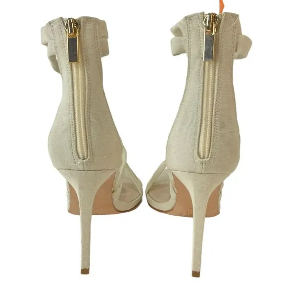 Chrissy Teigen X Revolve shoes Womens Sz 8 Cream Linen Strappy Heels Stiletto