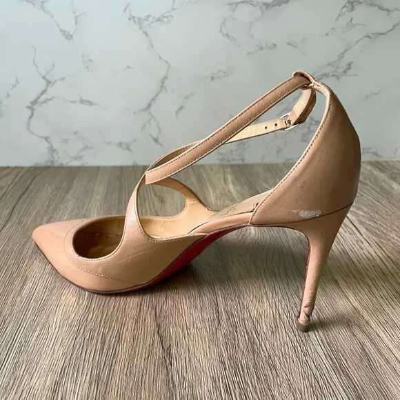 Christian Louboutin Nude Patent Leather Pointed-Toe Heels – Size 38