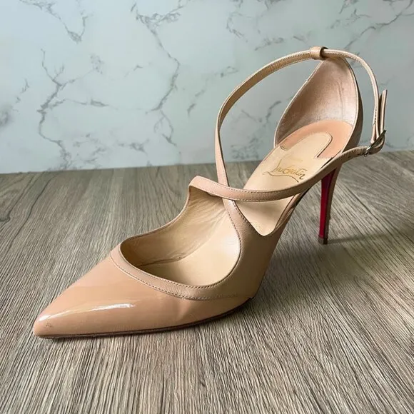 Christian Louboutin Nude Patent Leather Pointed-Toe Heels – Size 38