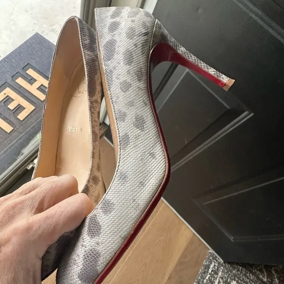 Christian Louboutin Round Toe Gray and Cream Leopard Heels, size 9 EUC
