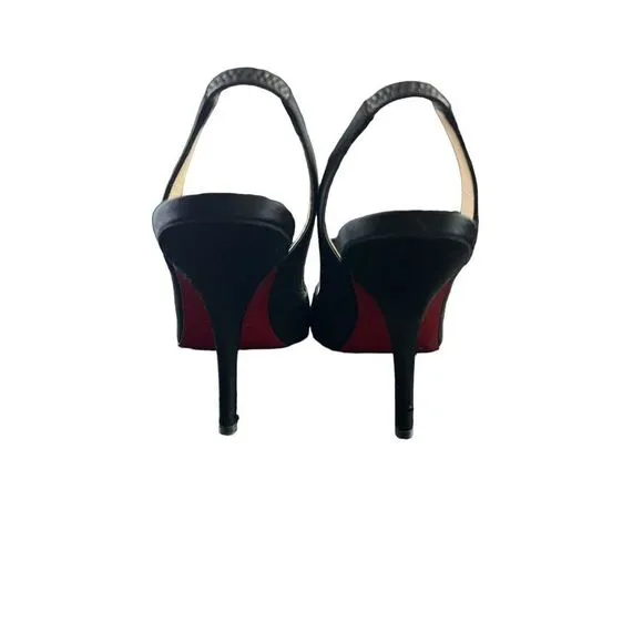 CHRISTIAN LOUBOUTIN Slingback Black Satin Fiorellino Broach Pumps Heels SZ 37.5