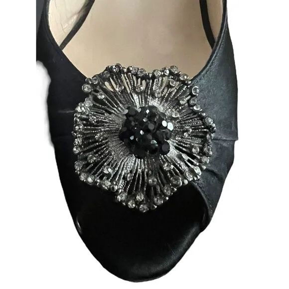 CHRISTIAN LOUBOUTIN Slingback Black Satin Fiorellino Broach Pumps Heels SZ 37.5