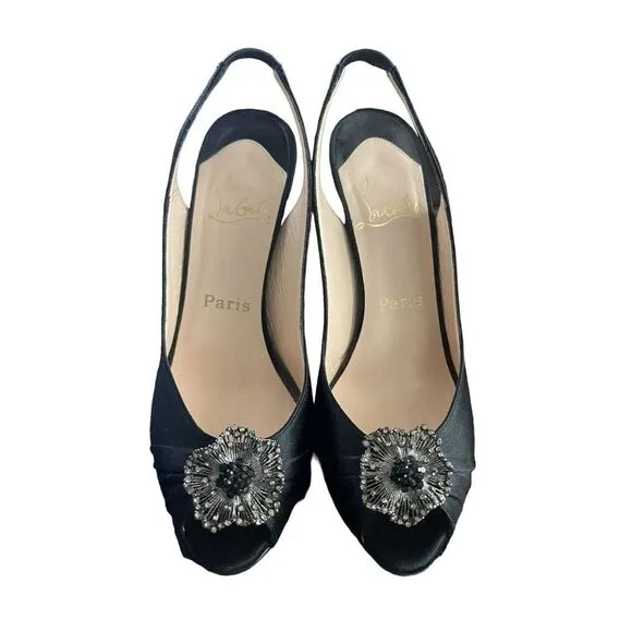 CHRISTIAN LOUBOUTIN Slingback Black Satin Fiorellino Broach Pumps Heels SZ 37.5