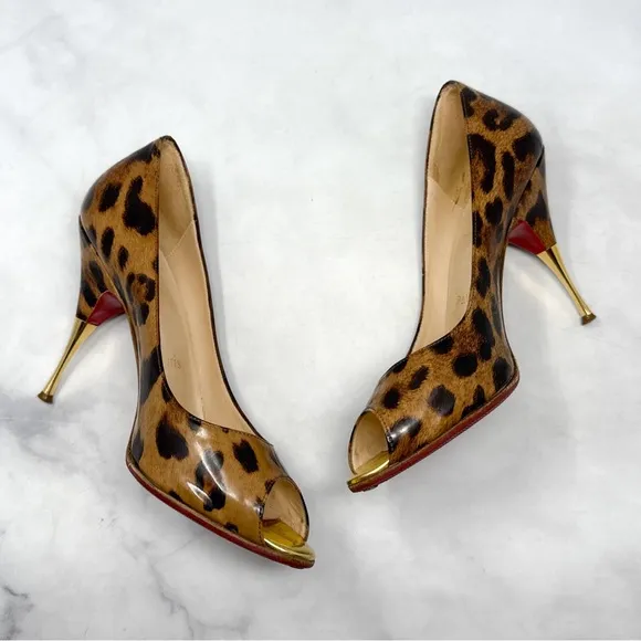 Christian Louboutin Yoyospina 100 Leopard Patent Leather Metal Heel Pumps 38