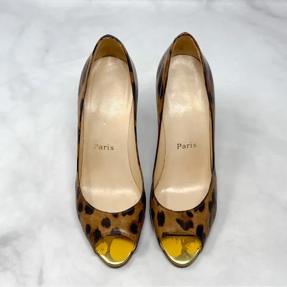 Christian Louboutin Yoyospina 100 Leopard Patent Leather Metal Heel Pumps 38