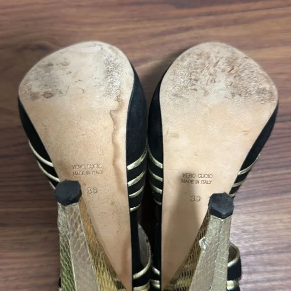 Christie Morris Black Suede &amp; Gold Reptile Stiletto Ankle Strap Shoes. Size 38.