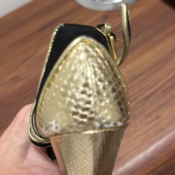 Christie Morris Black Suede &amp; Gold Reptile Stiletto Ankle Strap Shoes. Size 38.