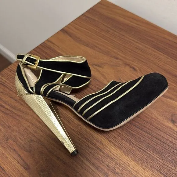 Christie Morris Black Suede &amp; Gold Reptile Stiletto Ankle Strap Shoes. Size 38.