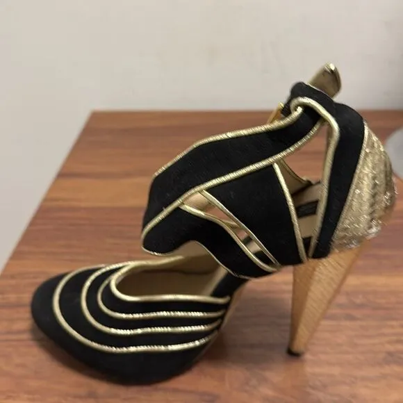 Christie Morris Black Suede &amp; Gold Reptile Stiletto Ankle Strap Shoes. Size 38.