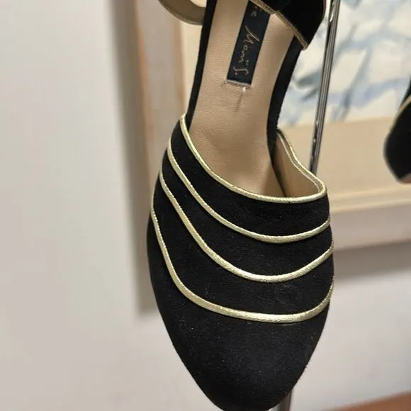 Christie Morris Black Suede &amp; Gold Reptile Stiletto Ankle Strap Shoes. Size 38.