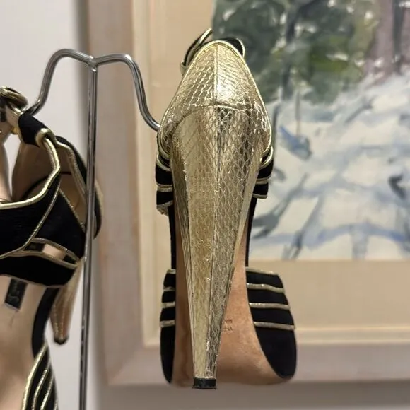 Christie Morris Black Suede &amp; Gold Reptile Stiletto Ankle Strap Shoes. Size 38.