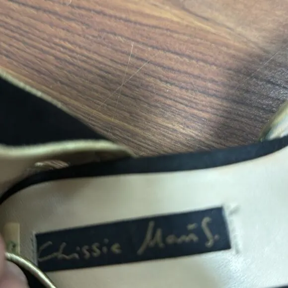 Christie Morris Black Suede &amp; Gold Reptile Stiletto Ankle Strap Shoes. Size 38.