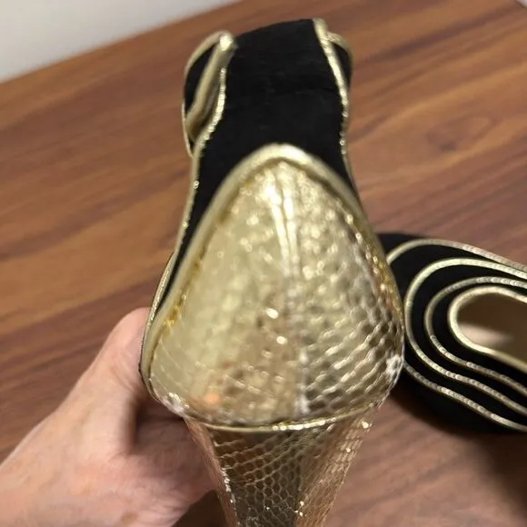 Christie Morris Black Suede &amp; Gold Reptile Stiletto Ankle Strap Shoes. Size 38.