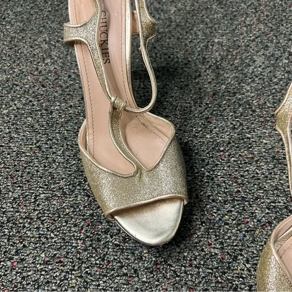 CHUCKIES VERO CUOIO Gold Sparkly Strappy Platform Stiletto Italy Heels Shoes 7.5
