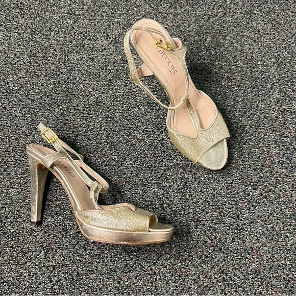 CHUCKIES VERO CUOIO Gold Sparkly Strappy Platform Stiletto Italy Heels Shoes 7.5