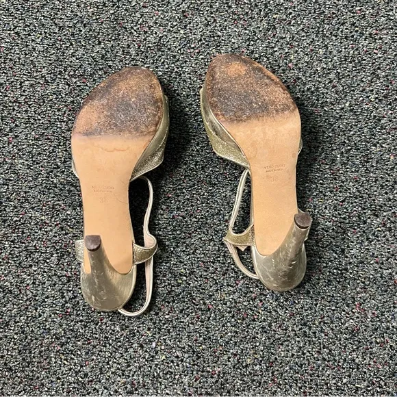 CHUCKIES VERO CUOIO Gold Sparkly Strappy Platform Stiletto Italy Heels Shoes 7.5