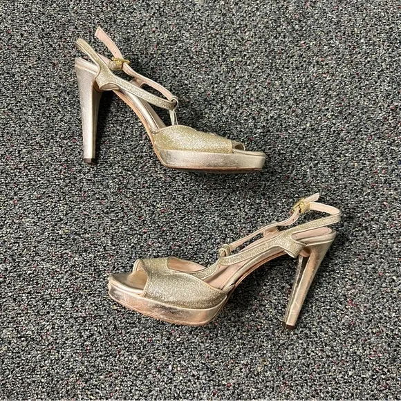 CHUCKIES VERO CUOIO Gold Sparkly Strappy Platform Stiletto Italy Heels Shoes 7.5